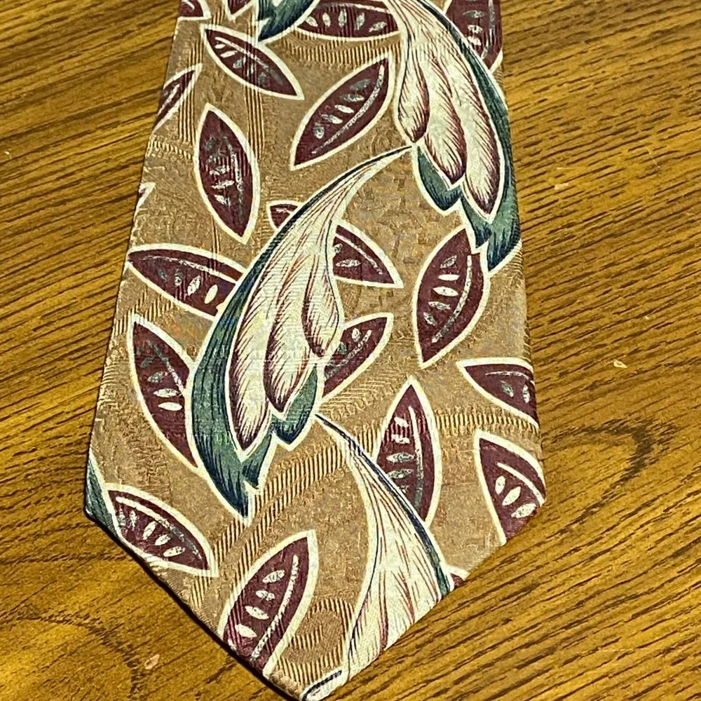 VTG Chaps Ralph Lauren Mens Silk Tie Tan Burgundy Teal Abstract‎ Botanical USA